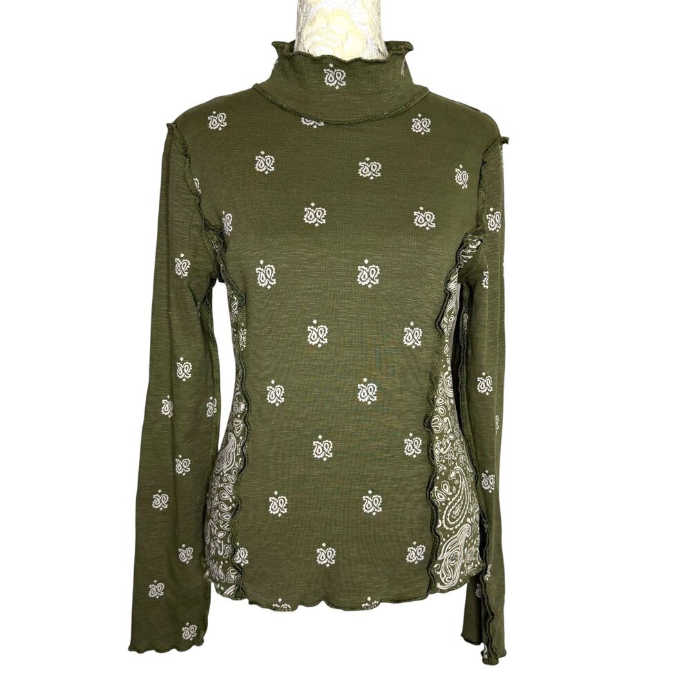 Pilcro Anthropologie Mock Neck Shirt Top Blouse Bandana Paisley Olive Green S